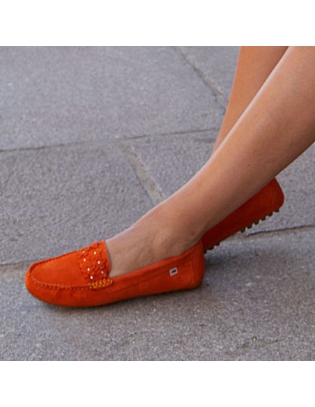 Orange suede women's moccasins