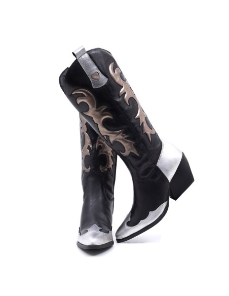 Botas de mujer liso combinado de pieles color negro