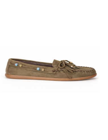 Mocasines de mujer de ante con flecos color verde