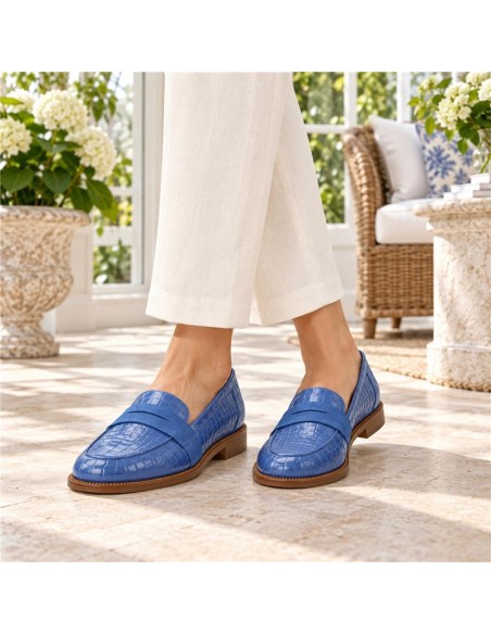 Blue leather women's moccasins