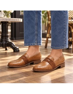 Mocasines de mujer de piel con piel de coco color cuero