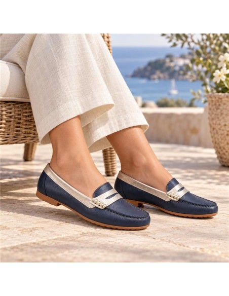 Blue leather women's moccasins