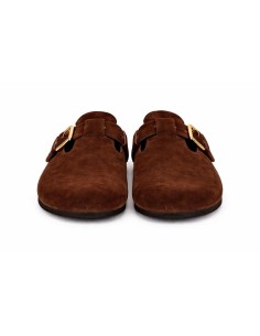 Sandalias de mujer de ante con hebilla color marrón