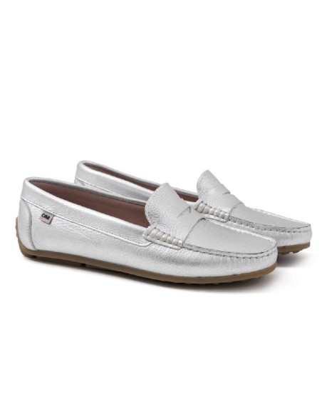 Silver leather women's moccasins