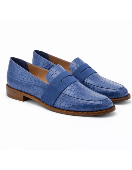 Mocasines de mujer de piel con piel de coco color azul