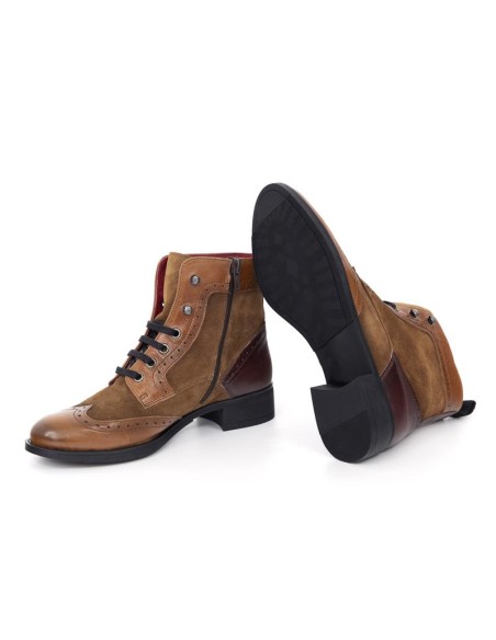 Botines de mujer combinado con piel semi-brogado color cuero
