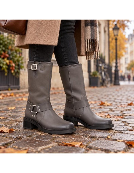 Grey leather Women's high boots