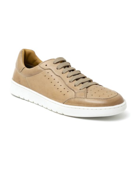 Sneakers de piel con cordones en contraste color beige