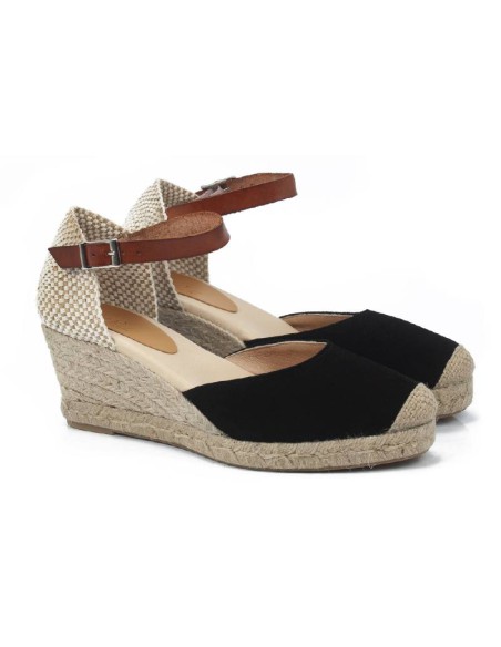 black suede and plain leather espadrilles for women W-AITANA-NEGRO